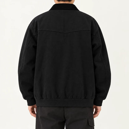 Men's corduroy-collar field jacket in Black, complete back on-body view