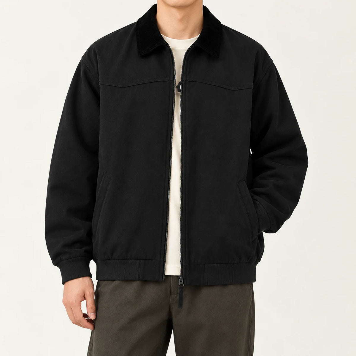 Men's corduroy-collar field jacket in Black, complete front on-body view