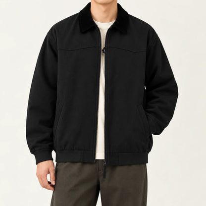 Men's corduroy-collar field jacket in Black, complete front on-body view