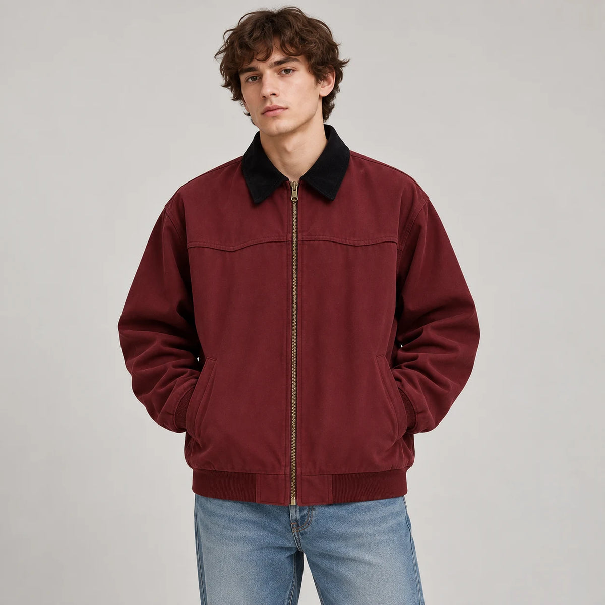 Men's corduroy-collar field jacket in Burgundy, complete front on-body view