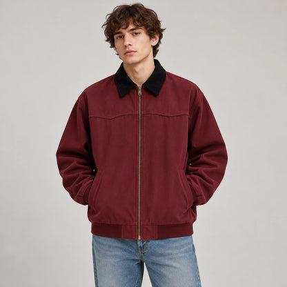 Men's corduroy-collar field jacket in Burgundy, complete front on-body view