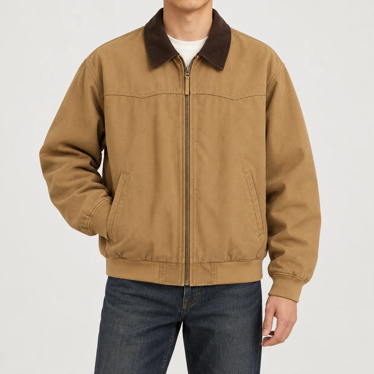 Men's corduroy-collar field jacket in Tan, complete front on-body view