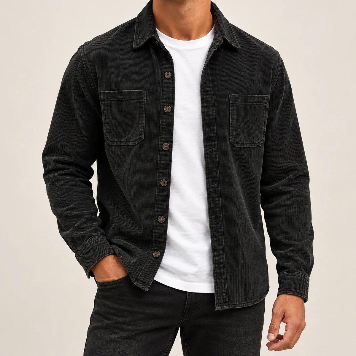 Men's black two-pocket overshirt jacket, complete front view