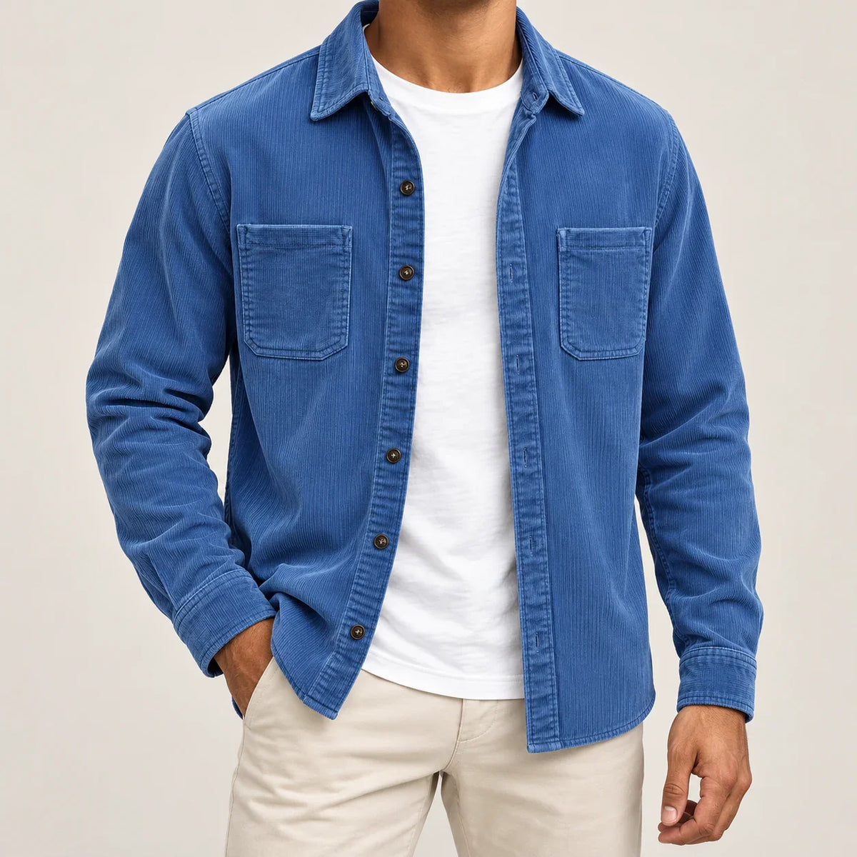 Men's blue two-pocket overshirt jacket, complete front view