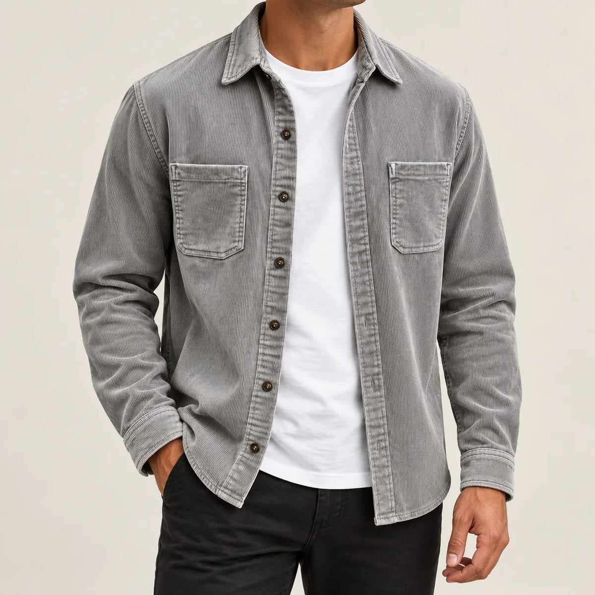 Men's gray two-pocket overshirt jacket, complete front view