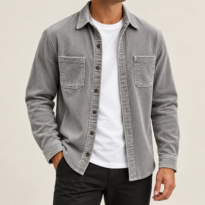 Men's gray two-pocket overshirt jacket, complete front view
