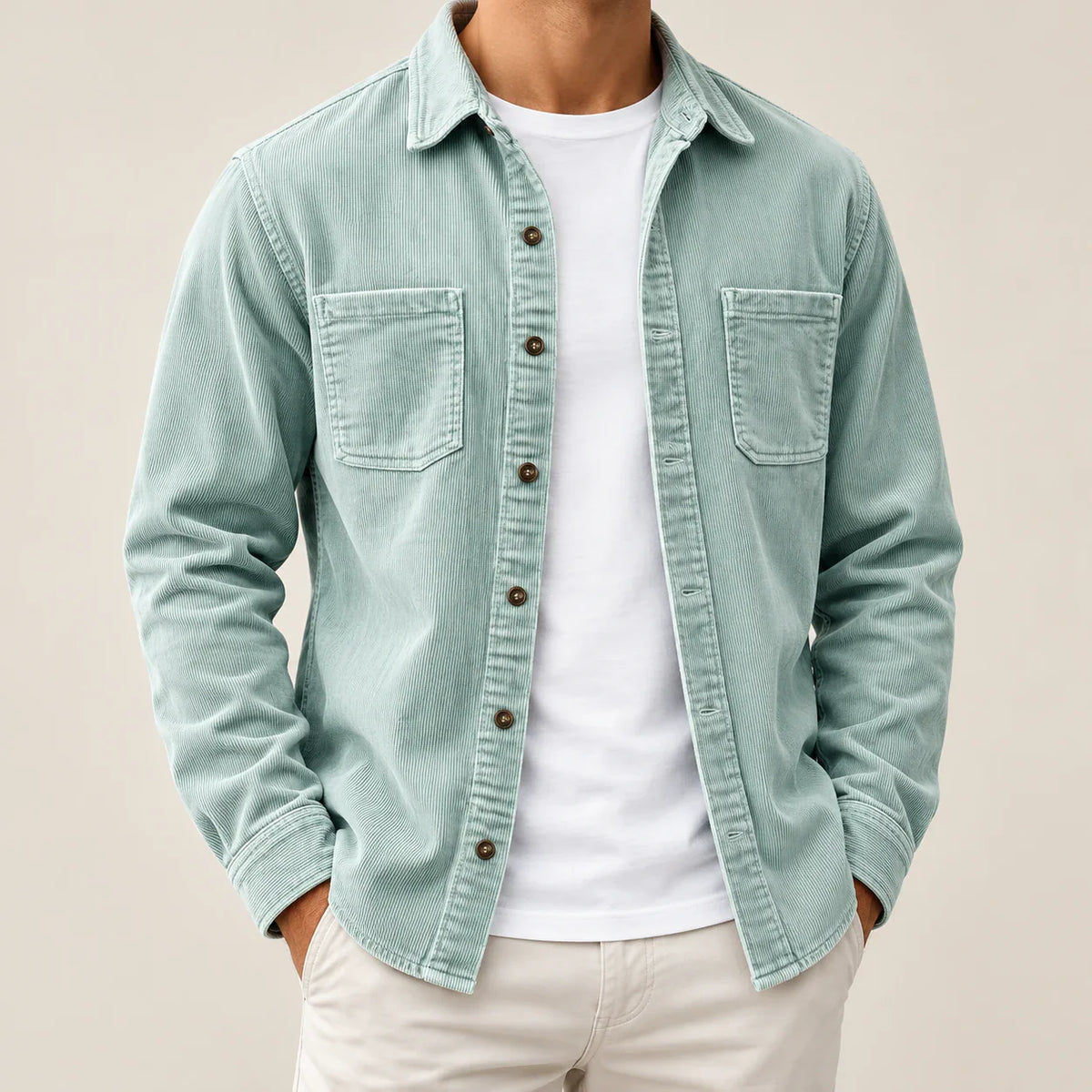 Men's light green two-pocket overshirt jacket, complete front view