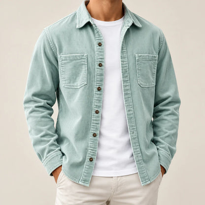 Men's light green two-pocket overshirt jacket, complete front view