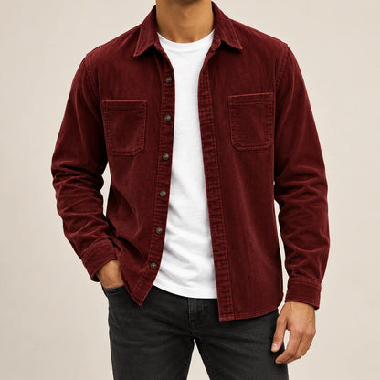 Men's red two-pocket overshirt jacket, complete front view