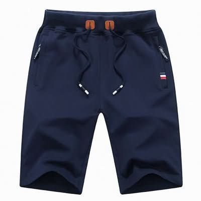 Front flat view of the navy cotton-blend drawstring shorts