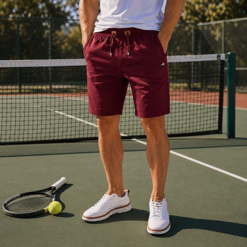 Cotton-blend drawstring shorts worn with a white tee on a tennis court