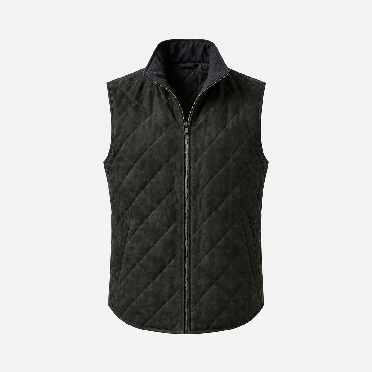Men's diamond-stitch zip vest in black, full front view