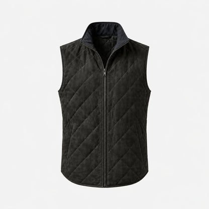 Men's diamond-stitch zip vest in black, full front view