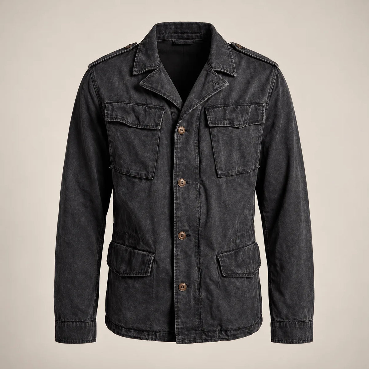 Men's black four-pocket field jacket, full front studio view