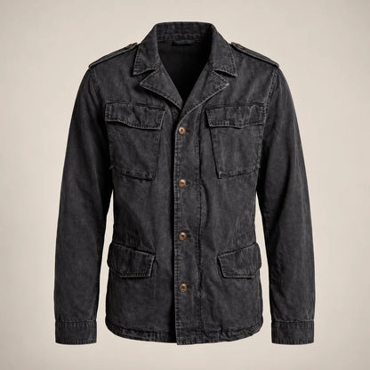 Men's black four-pocket field jacket, full front studio view