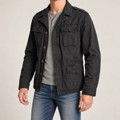 Men's black field jacket, three-quarter on-model view