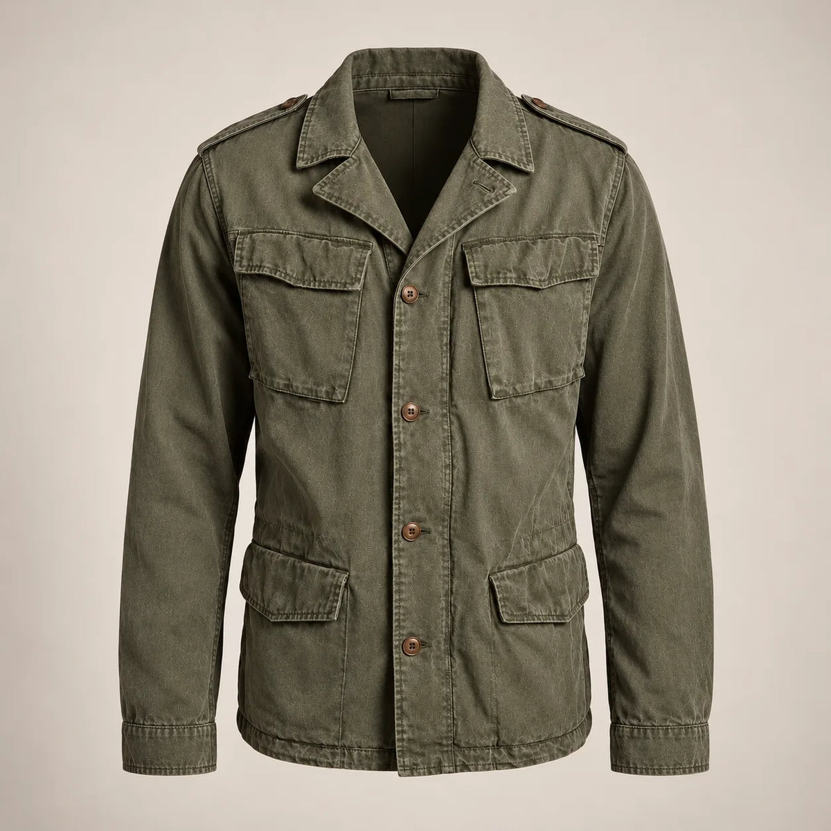 Men's green four-pocket field jacket, full front studio view