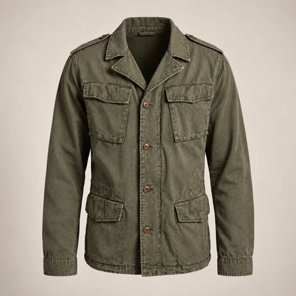 Men's green four-pocket field jacket, full front studio view