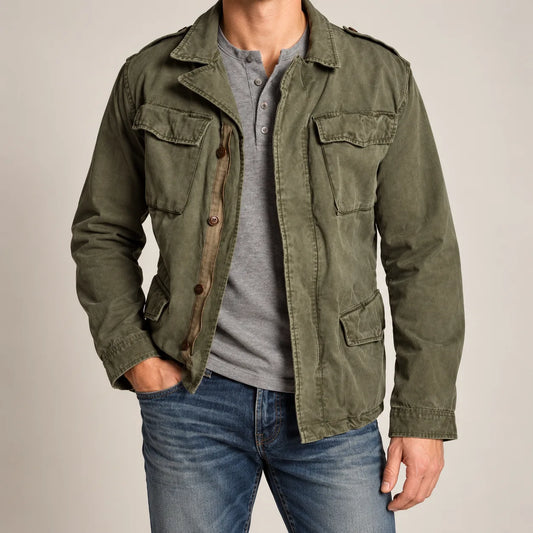 Men's green field jacket with four flap pockets, front view on model