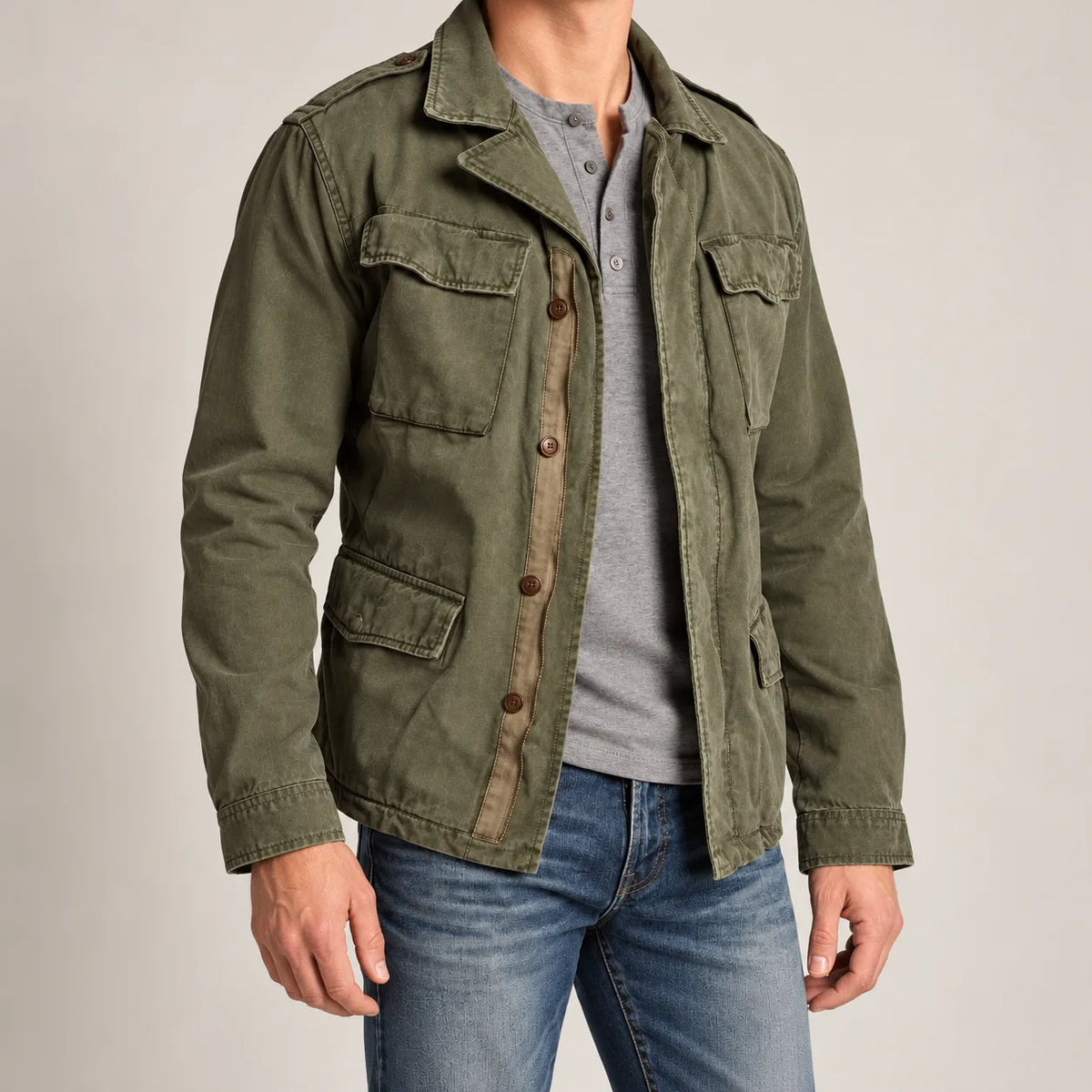 Men's green field jacket, three-quarter on-model view