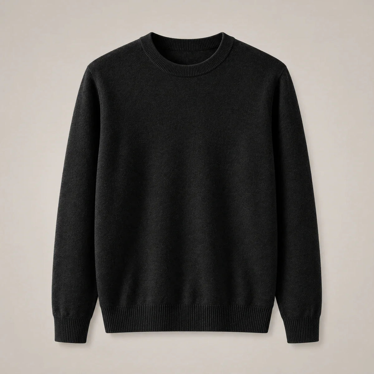 Men's black fine-knit crewneck sweater with ribbed collar, full front view
