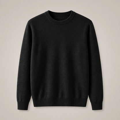 Men's black fine-knit crewneck sweater with ribbed collar, full front view