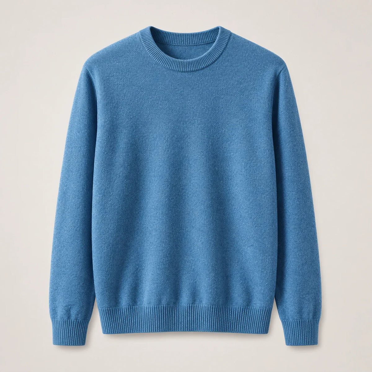 Men's blue fine-knit crewneck sweater with ribbed collar, full front view