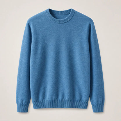 Men's blue fine-knit crewneck sweater with ribbed collar, full front view