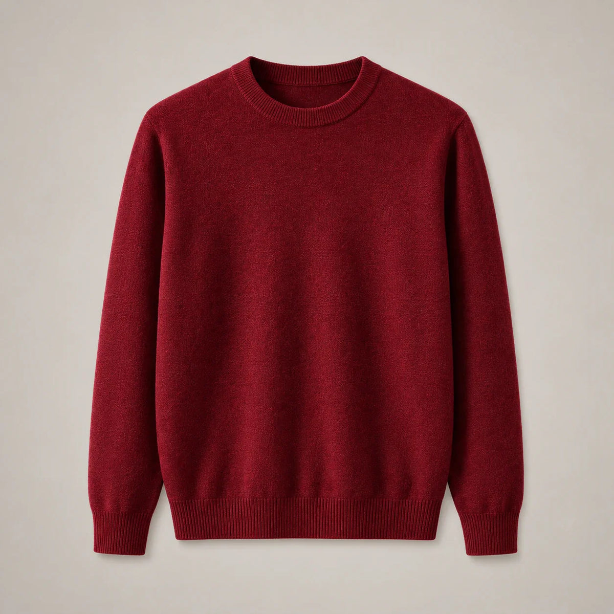 Men's burgundy fine-knit crewneck sweater with ribbed collar, full front view