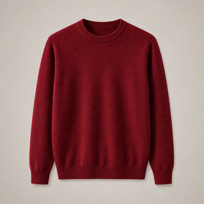 Men's burgundy fine-knit crewneck sweater with ribbed collar, full front view