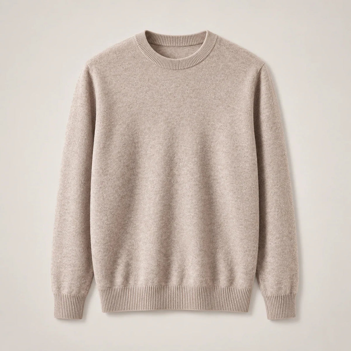 Men's khaki fine-knit crewneck sweater with ribbed collar, full front view