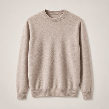 Men's khaki fine-knit crewneck sweater with ribbed collar, full front view