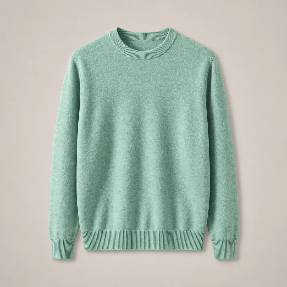 Men's mint green fine-knit crewneck sweater with ribbed collar, full front view