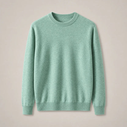 Men's mint green fine-knit crewneck sweater with ribbed collar, full front view