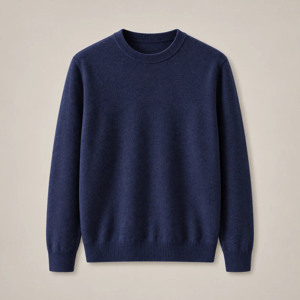Men's navy fine-knit crewneck sweater with ribbed collar, full front view