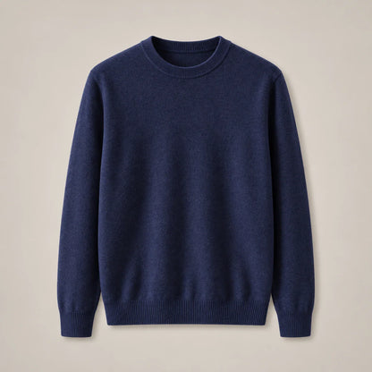 Men's navy fine-knit crewneck sweater with ribbed collar, full front view