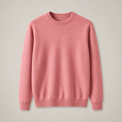 Men's pink fine-knit crewneck sweater with ribbed collar, full front view