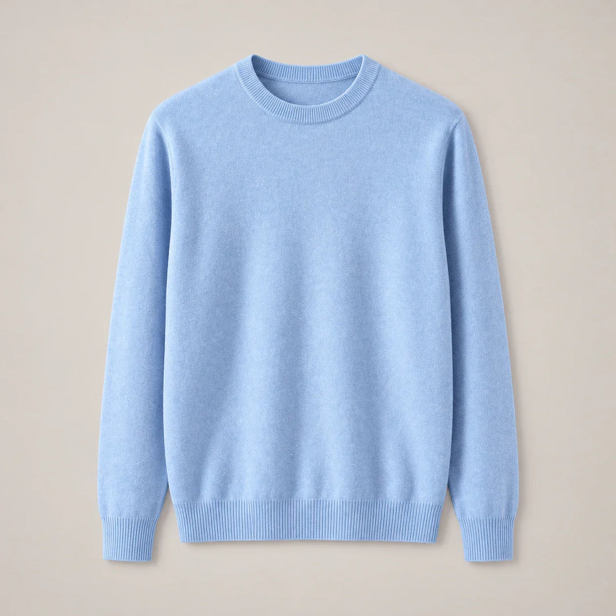 Men's sky blue fine-knit crewneck sweater with ribbed collar, full front view