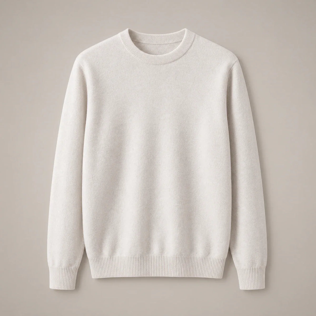 Men's white fine-knit crewneck sweater with ribbed collar, full front view