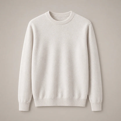 Men's white fine-knit crewneck sweater with ribbed collar, full front view