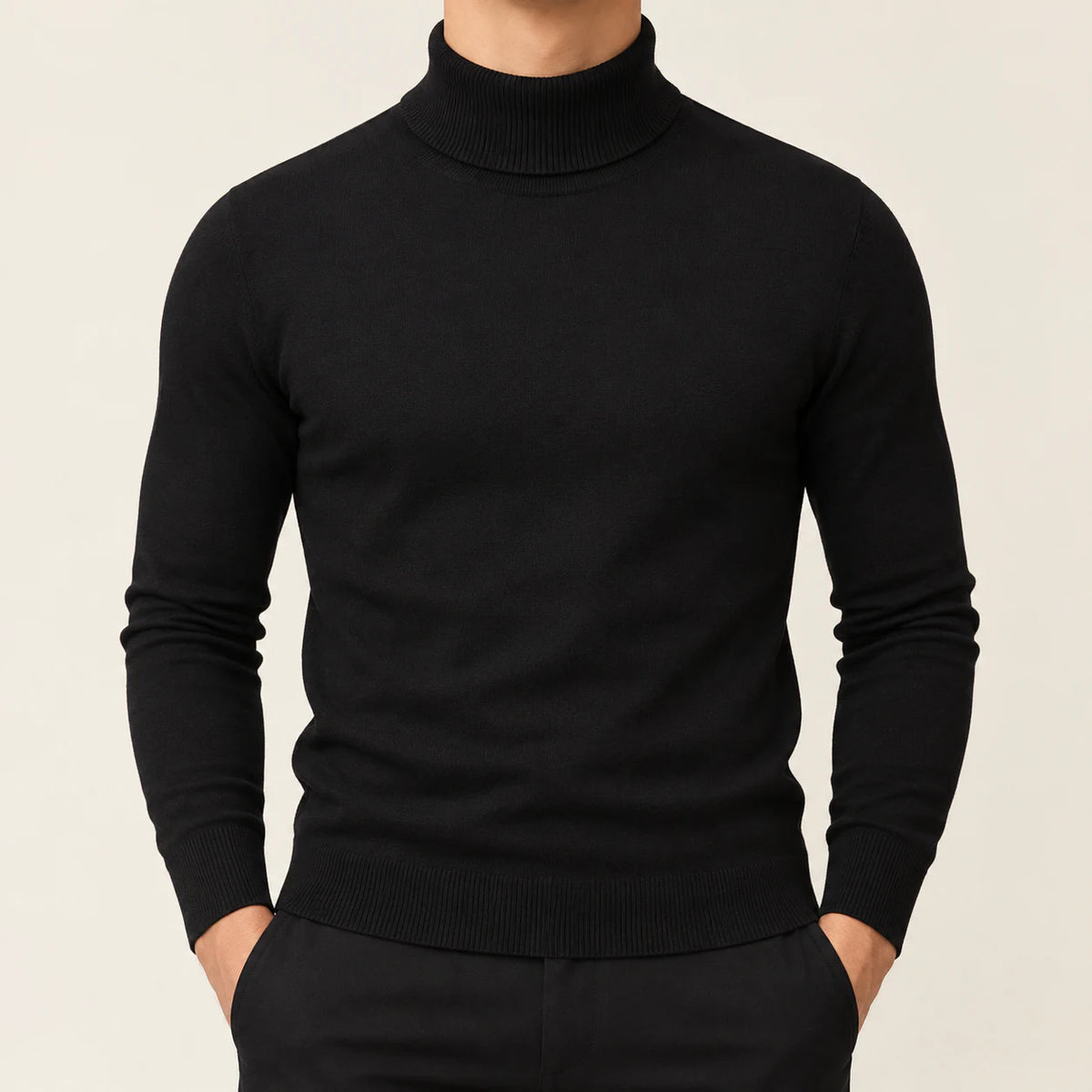 Men's fine knit turtleneck sweater in black, full front view
