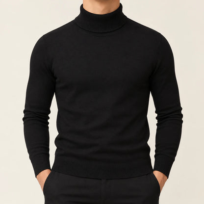 Men's fine knit turtleneck sweater in black, full front view