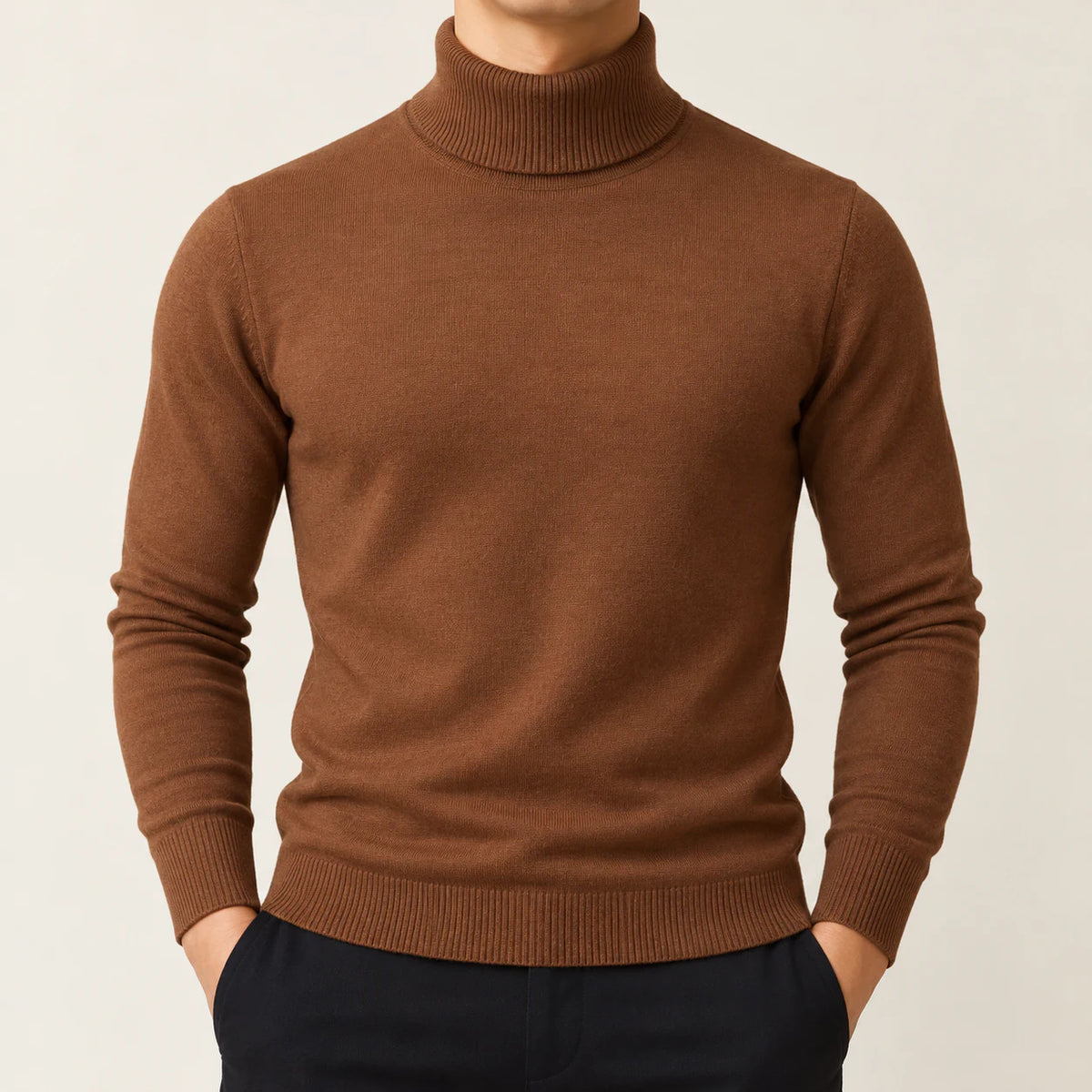 Men's fine knit turtleneck sweater in brown, full front view