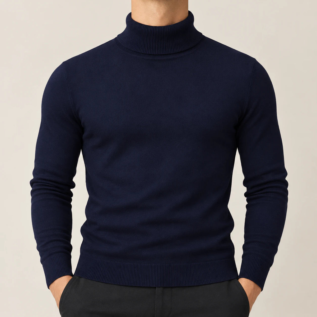 Men's fine knit turtleneck sweater in marine, full front view