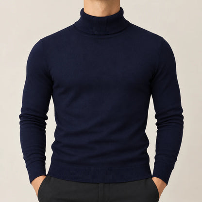 Men's fine knit turtleneck sweater in marine, full front view