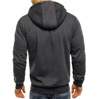 Back view of the dark grey hoodie showing the hood and panel seams