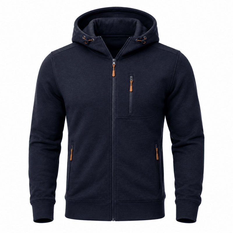 Front flat view of the navy full-zip hoodie with hood and zip pockets