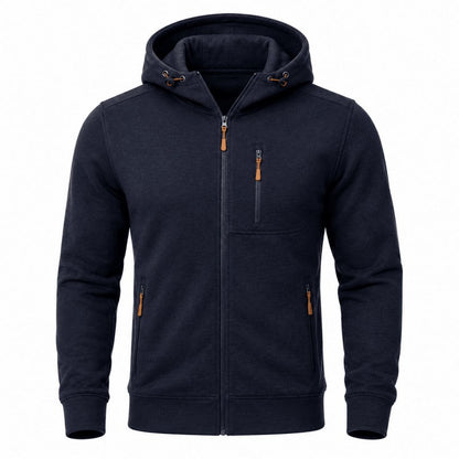 Front flat view of the navy full-zip hoodie with hood and zip pockets