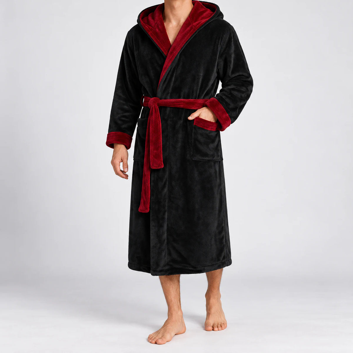Men's hooded bathrobe in black and dark red, full front view
