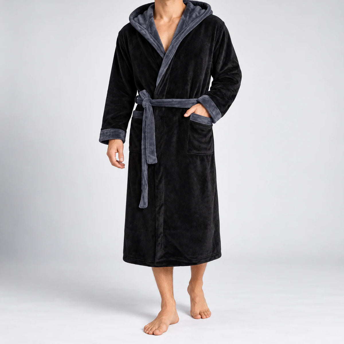 Men's hooded bathrobe in black, full front view